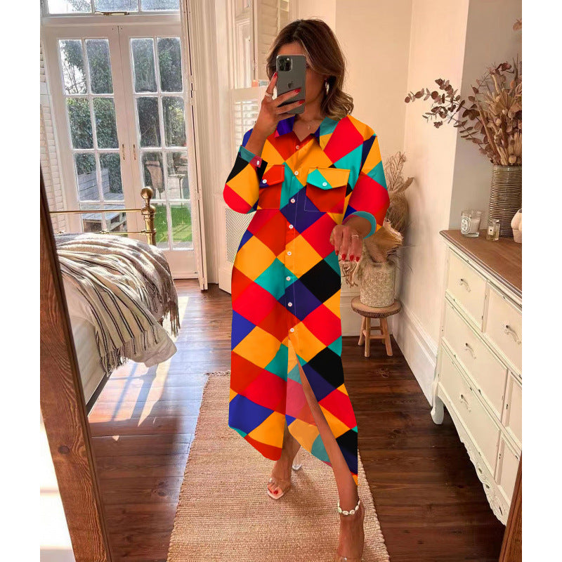 New arrival   exportfashionlong sleevesprinting lapel shirt skirt women's loosecasuallongdress