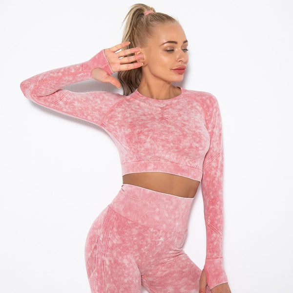 Spot knitted washed seamless sexy slim fit fitness clothes tight quick drying sports running long sleeve top yoga clothes