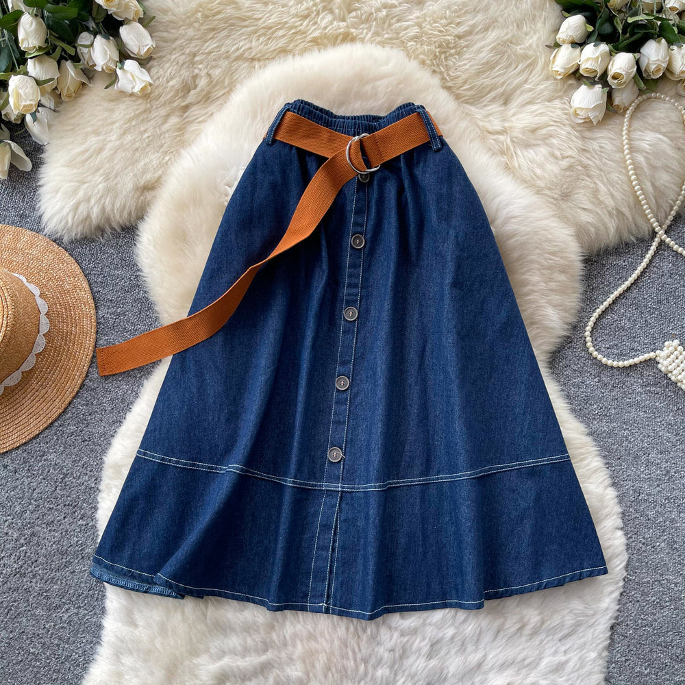 Preppy style denim skirt for women, elastic waistband, a-line midi skirt, summer work clothing, high waistslimming lookelegant skirt
