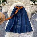 Preppy style denim skirt for women, elastic waistband, a-line midi skirt, summer work clothing, high waistslimming lookelegant skirt