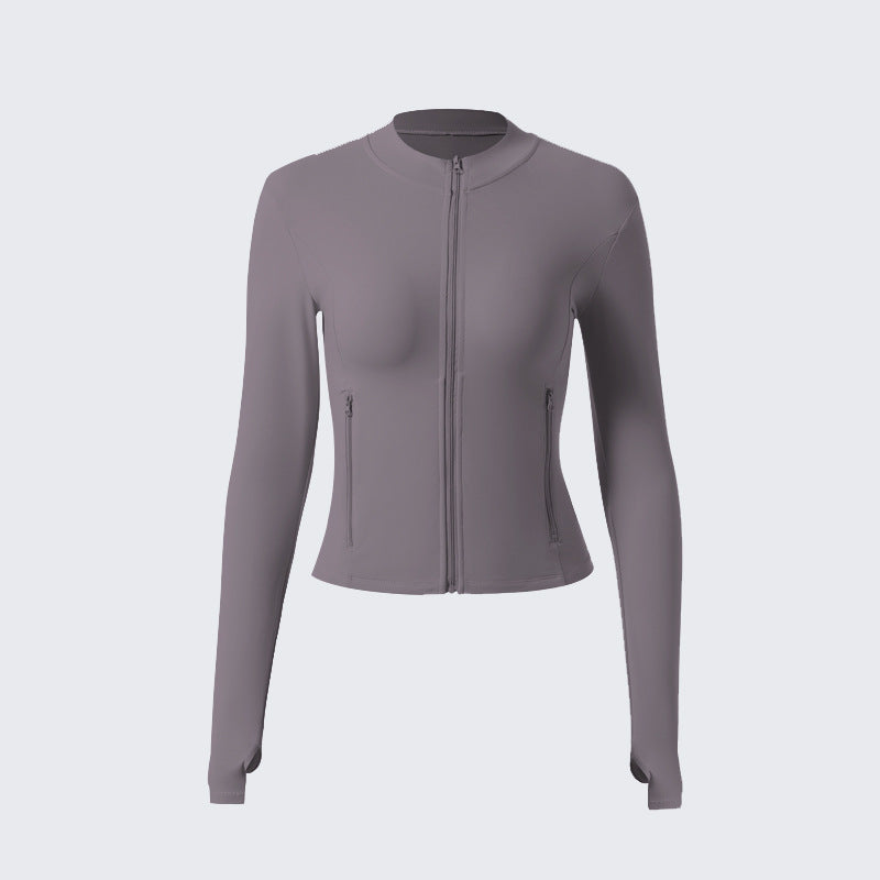 New zipper stand-up collar long-sleeved yoga clothes women's outdoor running fitness with chest pad thumb hole nude sports long sleeves