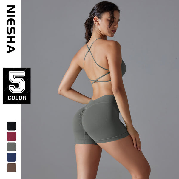 European and American  knitted peach hip lift sexy suspender beautiful back yoga shorts yoga fitness sports bra set