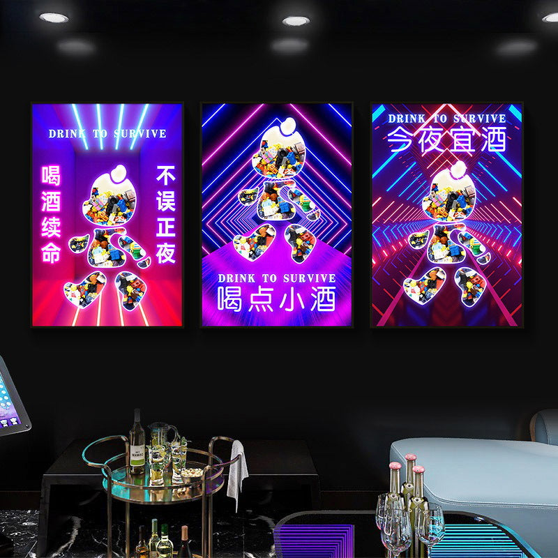 Trend luminous violence bear decorative painting hairdresser bar KTV creative led ambient light building block bear kaws hanging painting