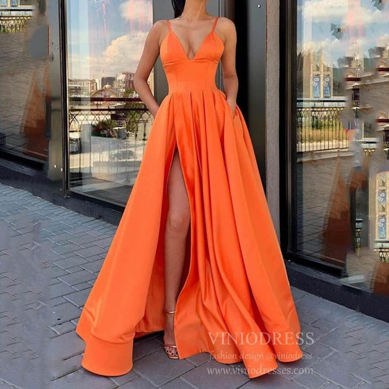 new cross-border spring  fashion dress slimming look color suspender tail banquet satin dress