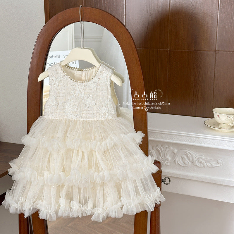 summer new girls' fashion floral embroidered sleeveless puffy soft tulle skirt chic and stylish dress princess dress