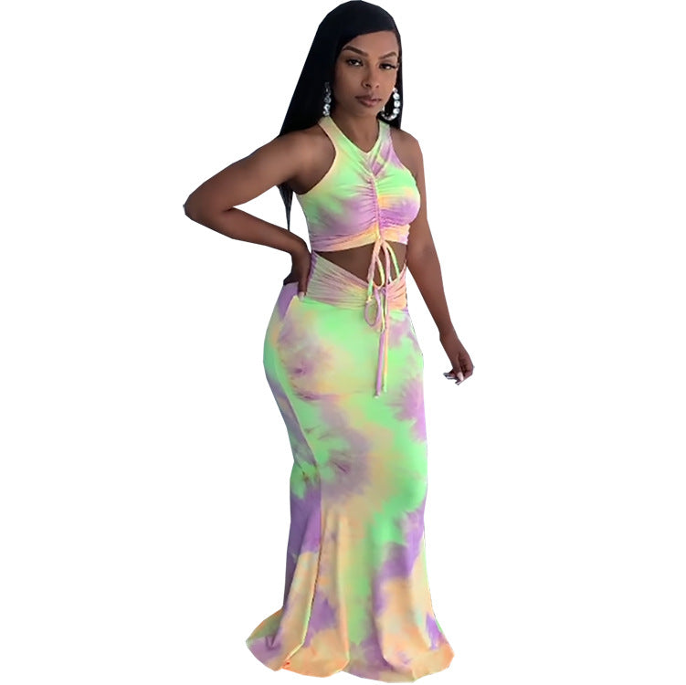 Fashion cross-border women's clothing  new foreign trade sexy hot girl tie-dye pleated sleeveless vest floor-length skirt suit