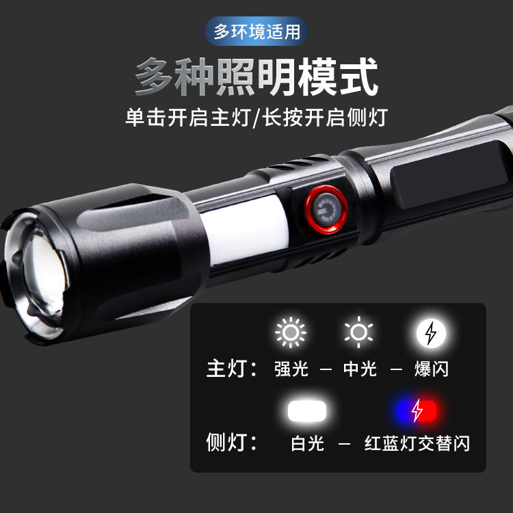 Cross-border new strong light Type-c port charging magnetic suction display side light output telescopic zoom, outdoor flashlight