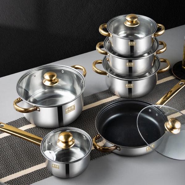 Cross-border e-commerce stainless steel 12-piece pot set golden handle kettle kitchen cooking pot cookware