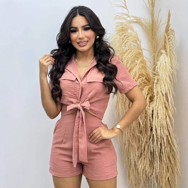 European and American  spot women's clothing 2025 new spring and summer fashion short-sleeved lace-up shirt casual shorts two-piece set