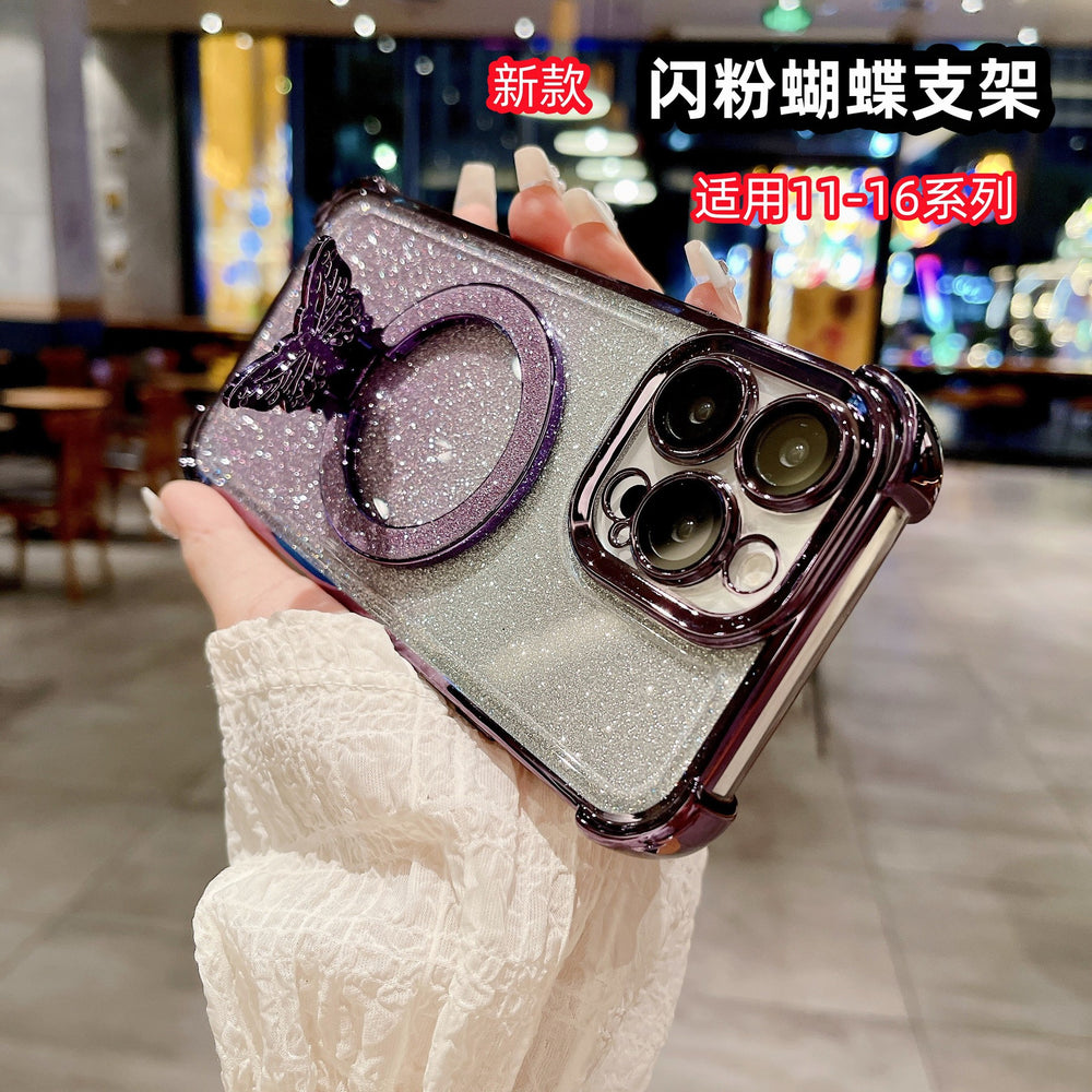 New 17 apple 16 butterfly glitter stand magnetic phone case, four-corner drop protection iphone 15 cover, compatible with iphone 13