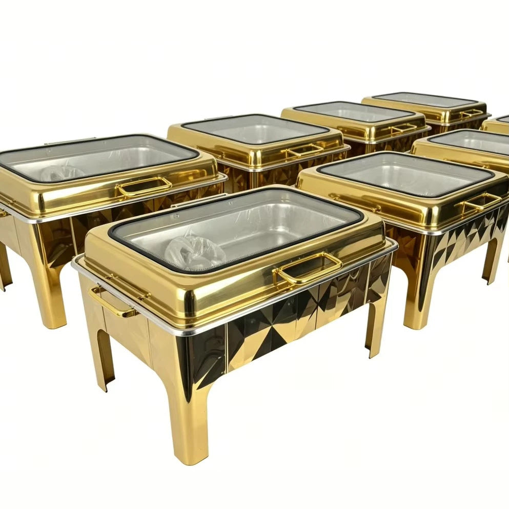 New 9l stainless steel gold glass buffet warmer with hydraulic lid for restaurant use