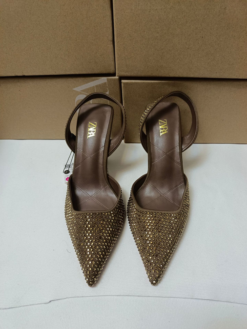 Za summer new 2024 high heel women's shoes - french pointed toe rhinestone embellished fashion back strap open heel stiletto pumps