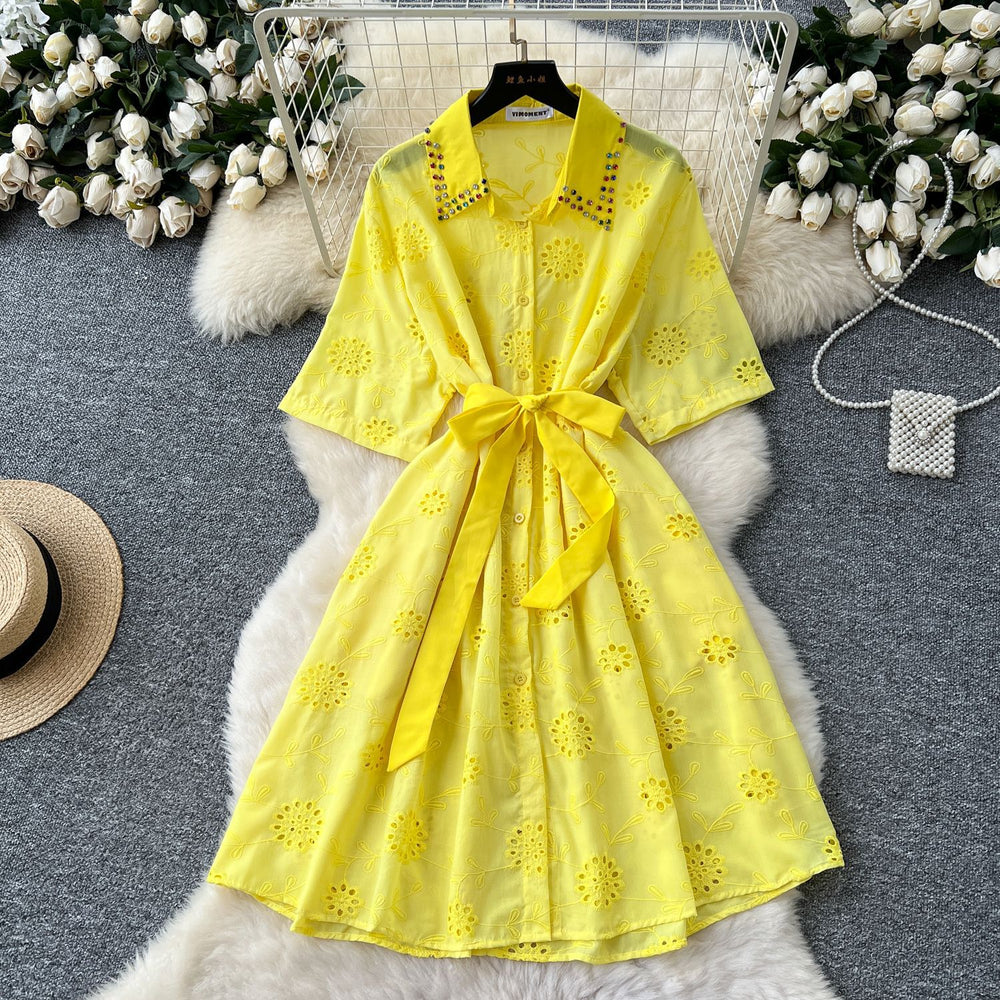 Frenchfashionable heavy industry diamond-encrusted polo collar short-sleeved dress women's summer strappy waist cut outembroider shirt skirt