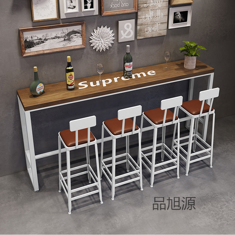 Bar cafe wall commercial wood bar table and chair combination Internet celebrity long wrought iron soft seat back dining table and chair