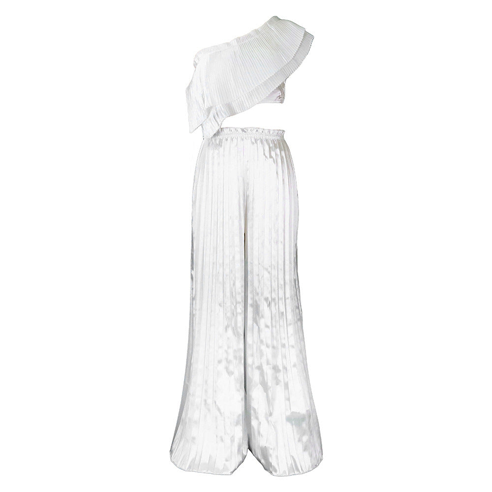 C8518export women's clothing slanted shoulder backless ruffles sexytops pleated wide-leg pants suitfashiontwo-piece set