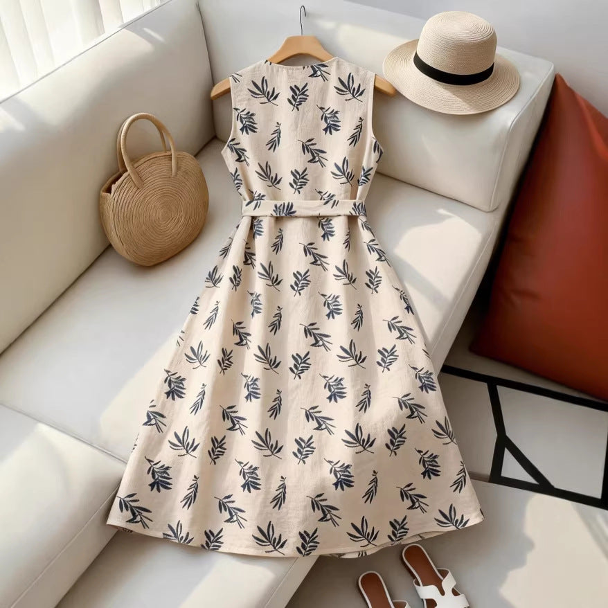 new arrivalprinting chinese style feather shirt sleeveless slimming look round neck frenchdress