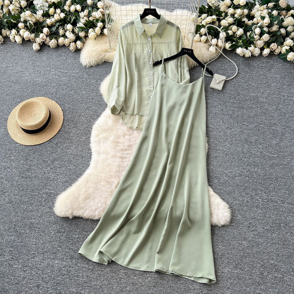 Eleganttwo-piece set women's niche style lazy style outer wear thin looselong sleeves sun protection shirt outwear + suspender dress