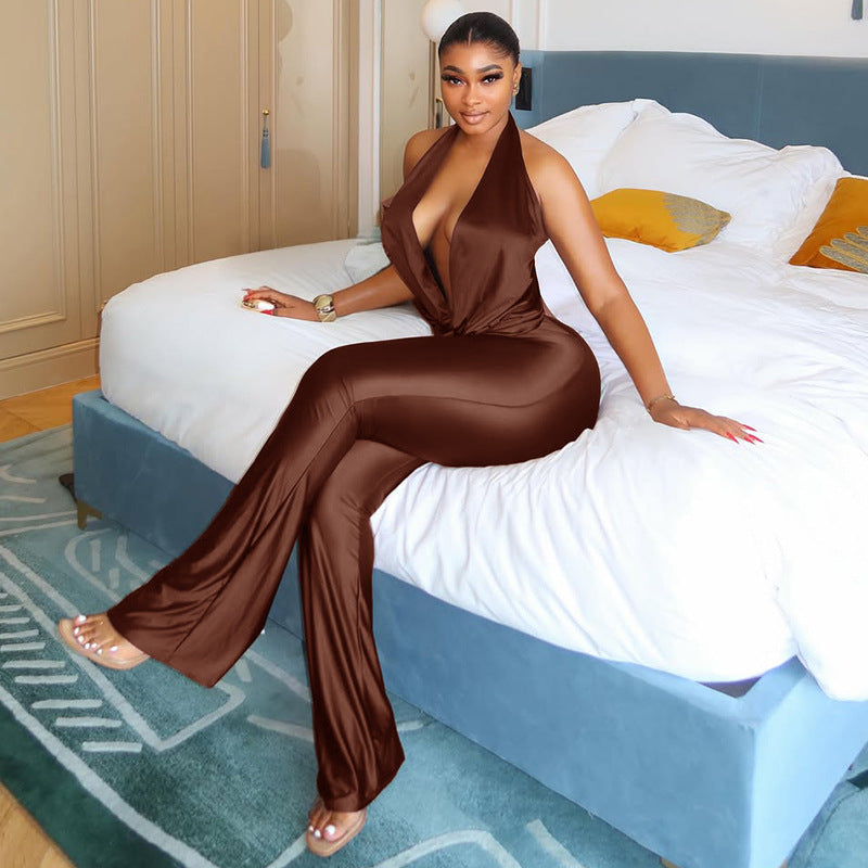 European and american style cross-border silm women's loose halter slightly flared jumpsuit sports pleated swing collar pure color long jumpsuit