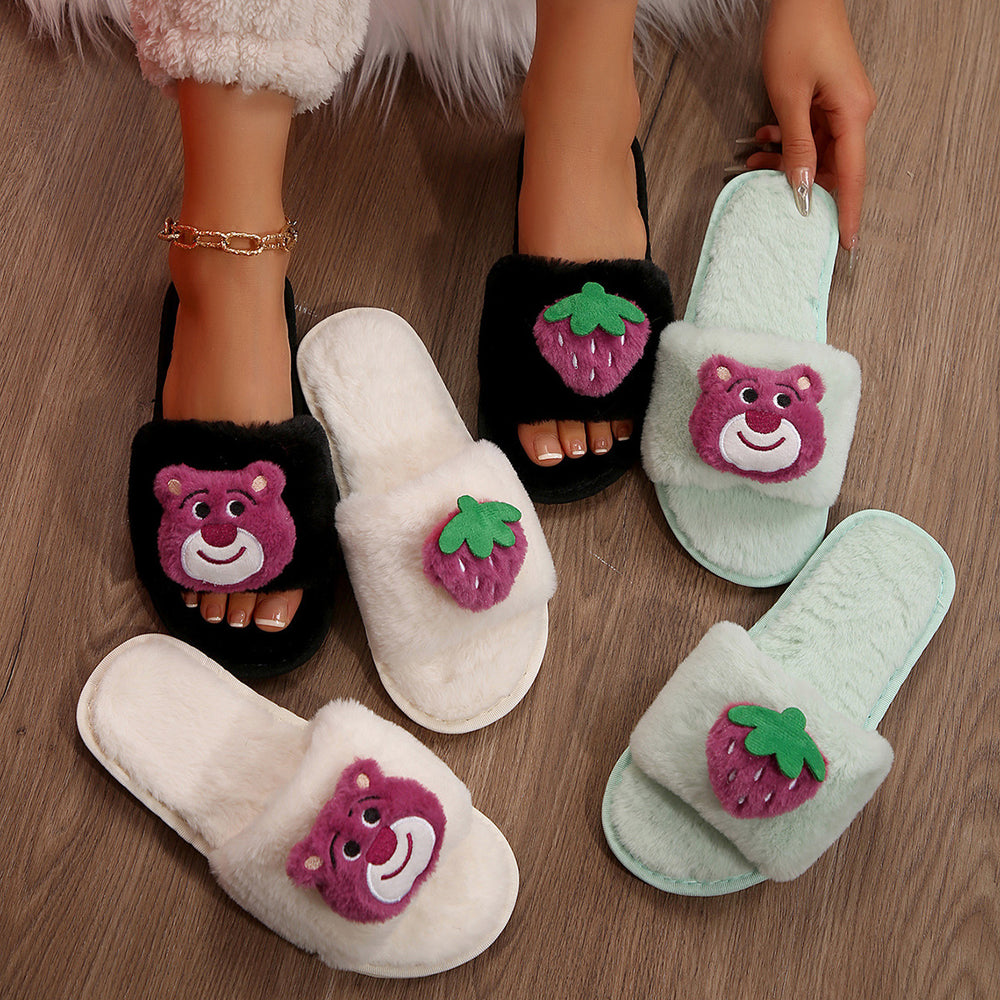 Women's fuzzy slippers - new autumn/winter collection - strawberry bear design, flat, warm, and cute cartoon cotton slides for indoor and outdoor wear