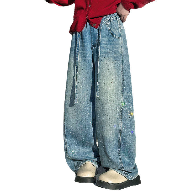 Girls'  high-waisted rhinestone denim jeans - spring/autumn street style, super stylish, seriously leg-lengthening, scalloped hem, mid-to-large size kids' clothing