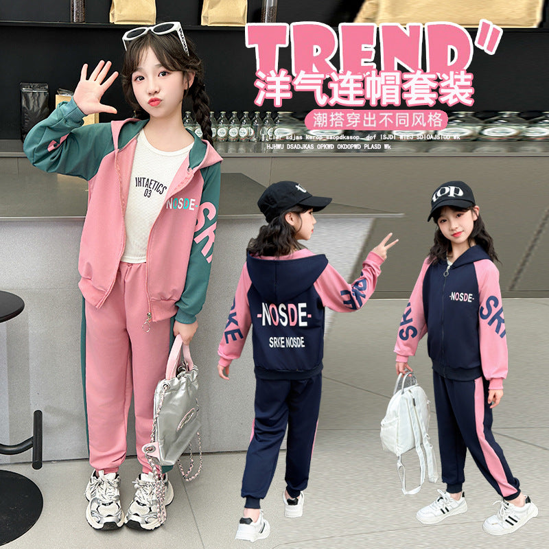 mid-to-large size girls' fashionable two-piece set: spring/autumn outerwear and cargo pants korean style outfit
