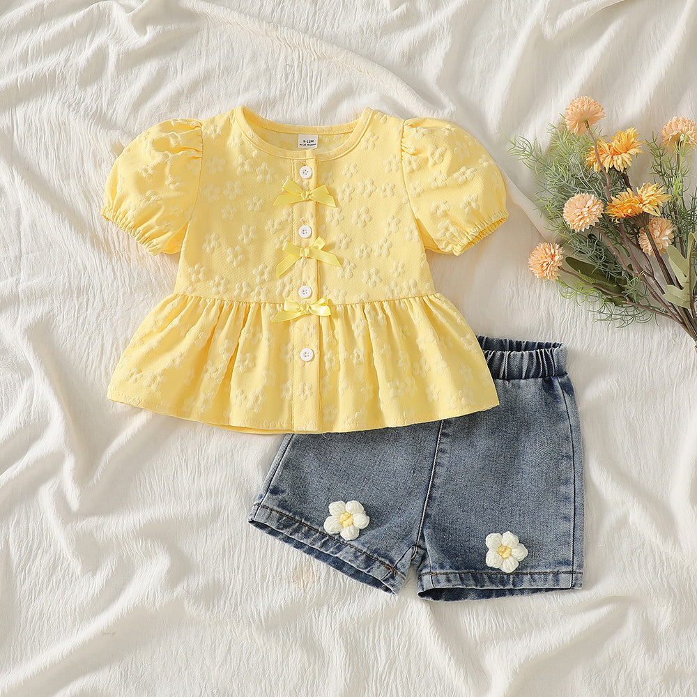 hot selling baby girl princess sleeve bow top + 3d floral denim shorts two-piece set