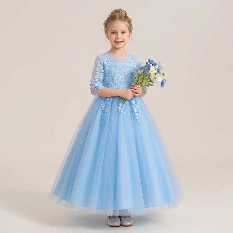 European and american style flower girl dress long sleeve princess children's wedding dress tutu girl's princess dress three-quarter sleeve summer
