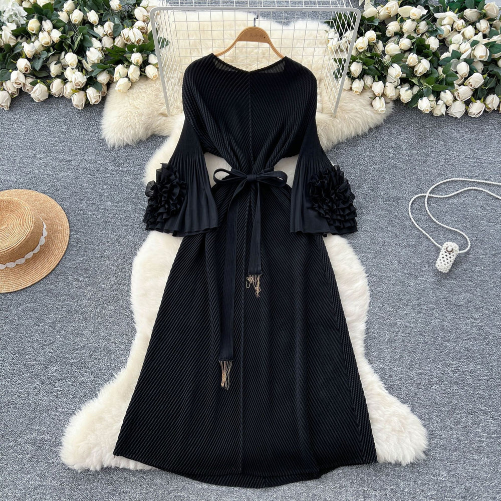 European and american fashion 3d floral flared sleeve tie-waist pleated maxi dress - slimming, elegant, and flowy