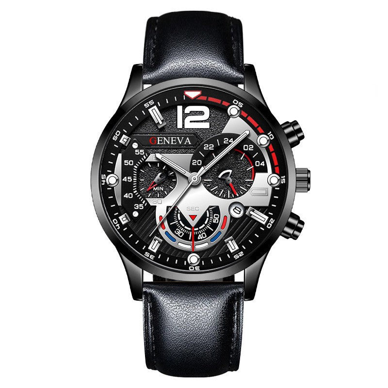 Men's cross-border fashion watch - date, six-hand, leather strap, quartz movement, luminous sports wristwatch - wholesale gold