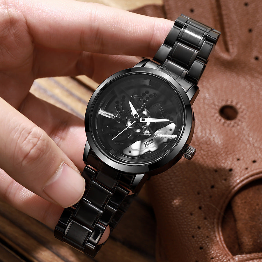 New hollow-out creative tech men's steel band watch with rotating bezel - quartz watch for cross-border e-commerce
