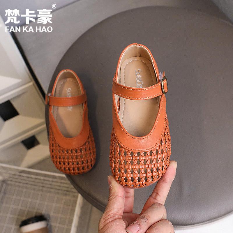 Vancahao girls' knitted leather shoes -  summer new arrivals: korean-style grandma shoes, open-toe sandals for kids