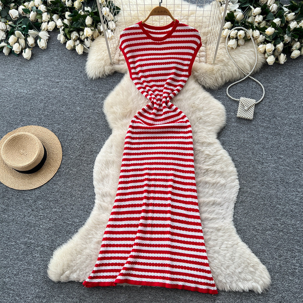K-stylestripes sleeveless knittingeasiest for matchdress women's summer silm waist slimming lookwork clothingcasual long skirt