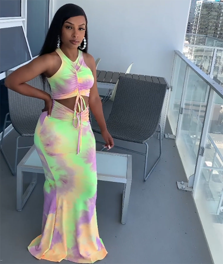 Fashion cross-border women's clothing  new foreign trade sexy hot girl tie-dye pleated sleeveless vest floor-length skirt suit