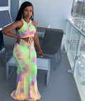 Fashion cross-border women's clothing  new foreign trade sexy hot girl tie-dye pleated sleeveless vest floor-length skirt suit