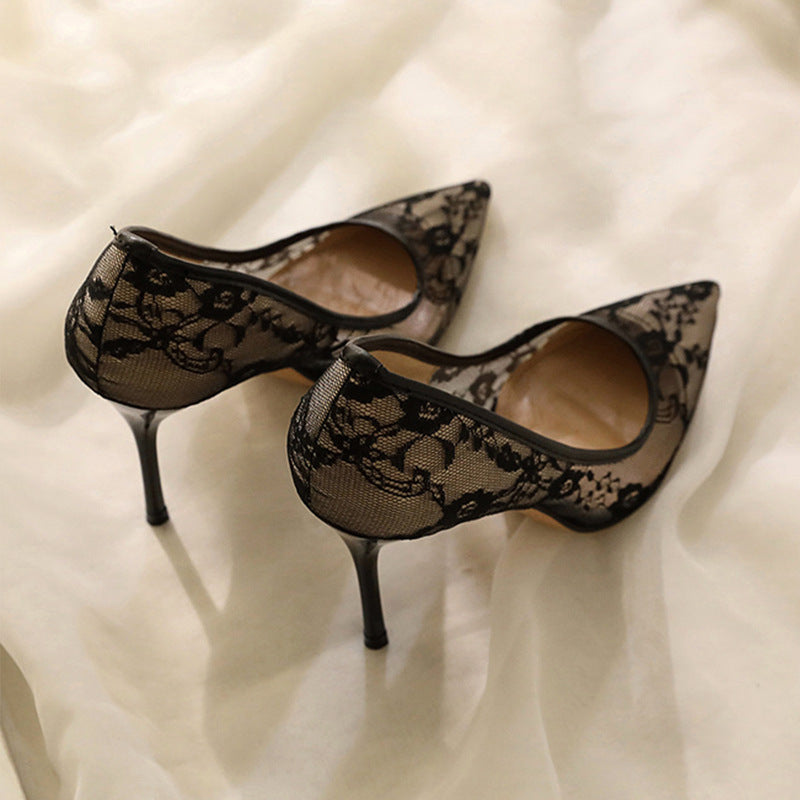 Breathable lace mesh high heels women's 2023 new summer design niche elegant pointed toe stiletto pumps