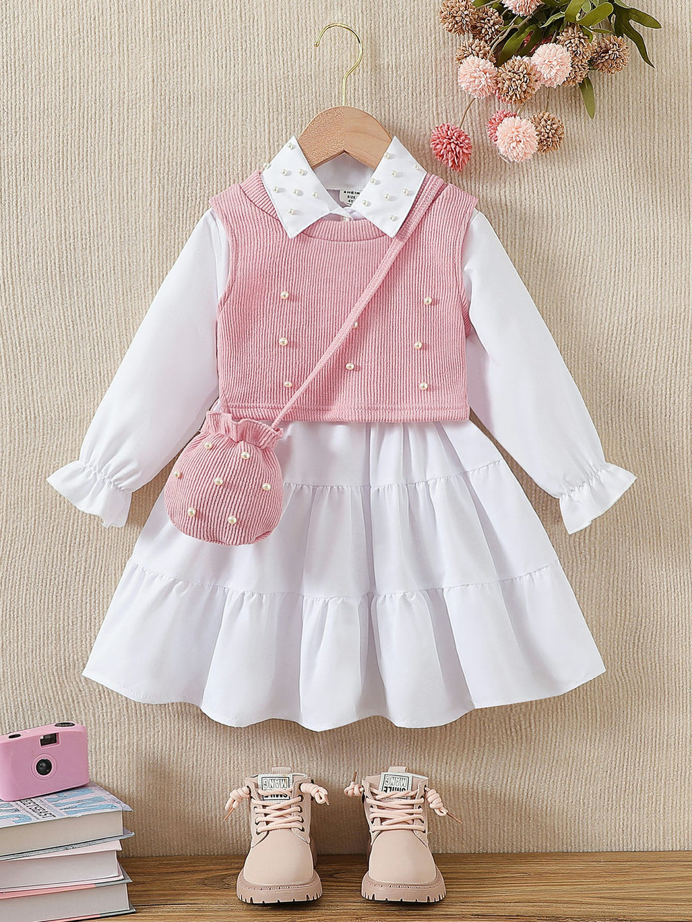 cross-border autumn new arrival: shirt collar dress + beaded knit vest + crossbody bag three-piece set