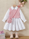 cross-border autumn new arrival: shirt collar dress + beaded knit vest + crossbody bag three-piece set