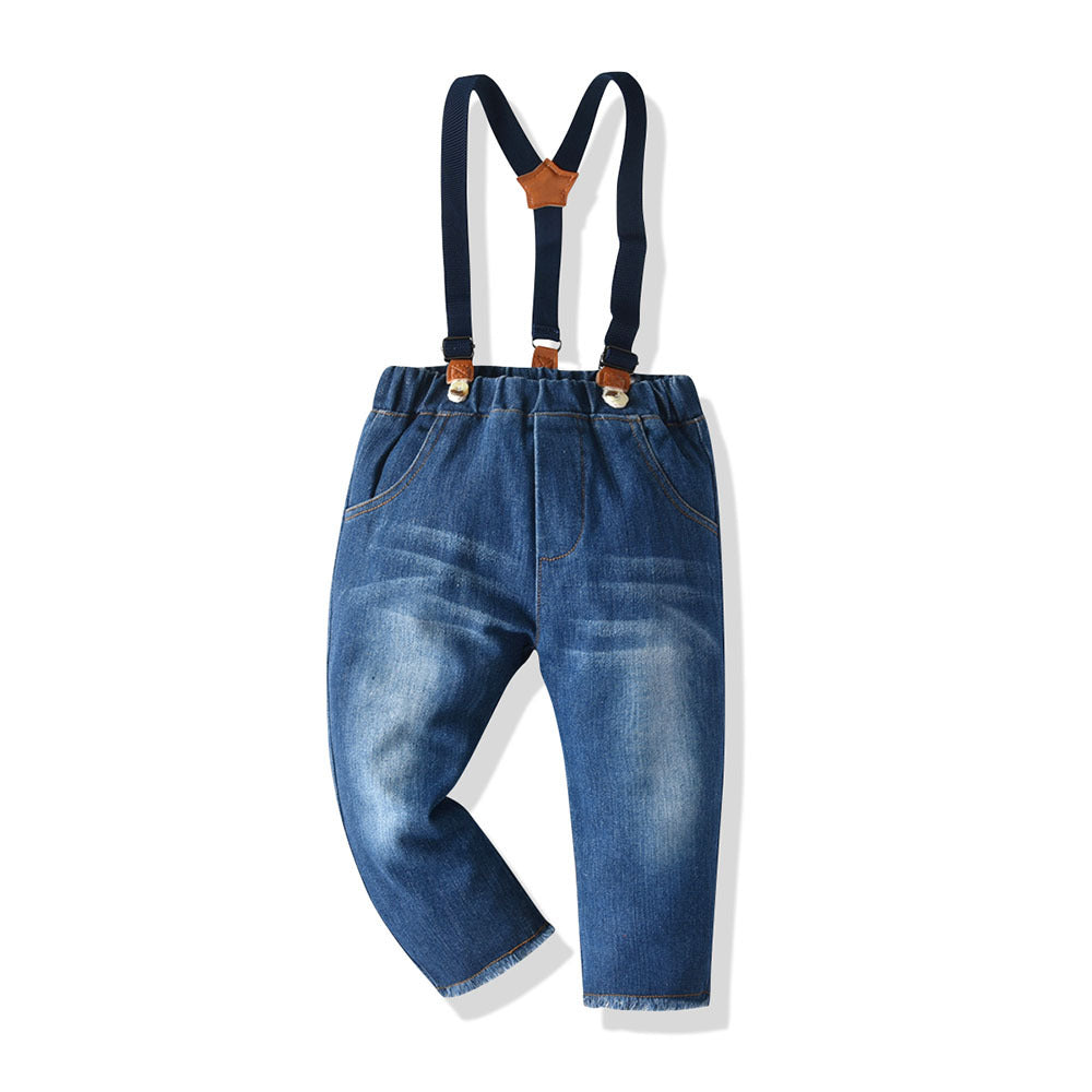 Children's spring & fall korean style european and american solid color trendy jeans, boys' mid-rise elastic waist long pants, kids' distressed jeans