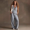 Fashion cross-border independent station new arrival vest v neck sleeveless loose pants suitloose drapedcasualtwo-piece set for women