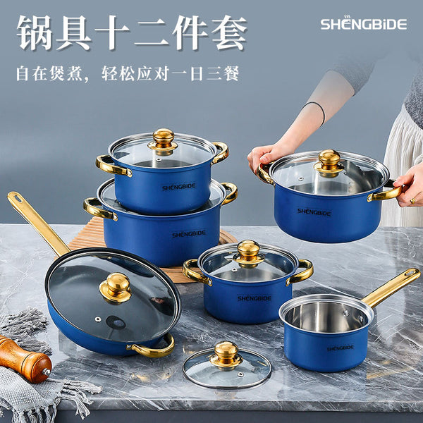 Cross-border stainless steel blue pot set, gold handle six-piece set, soup pot, milk pan, frying pan, wok, cookware 12pcs