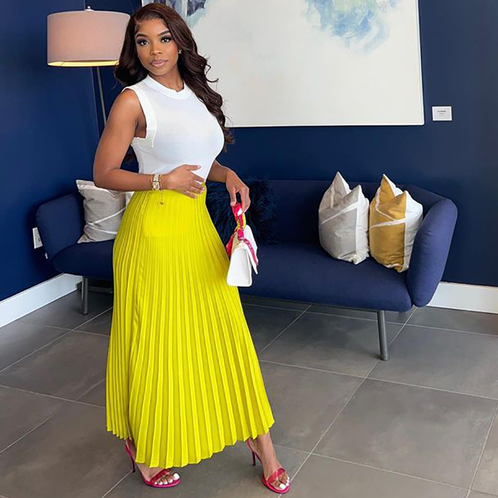 European and american cross-border women's fashion  summer new streetwear casual midi skirt high waist solid color versatile pleated maxi skirt