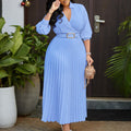 C8622export women's clothing new arrivalelegancelongpleateddressfashionv neckfashionpure color cross-border dress
