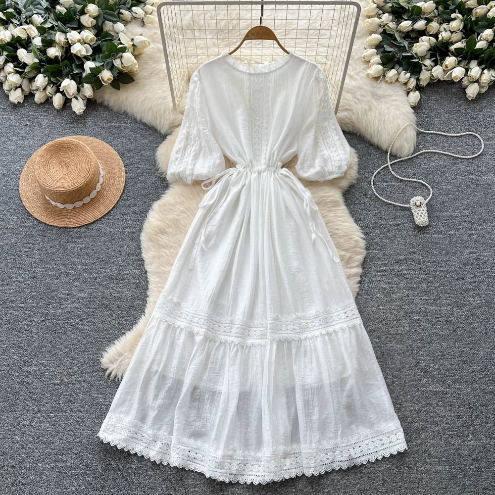 French chic lace-trimmed lantern sleeve dress - slimming, elegant, and flowy maxi dress with tie waist