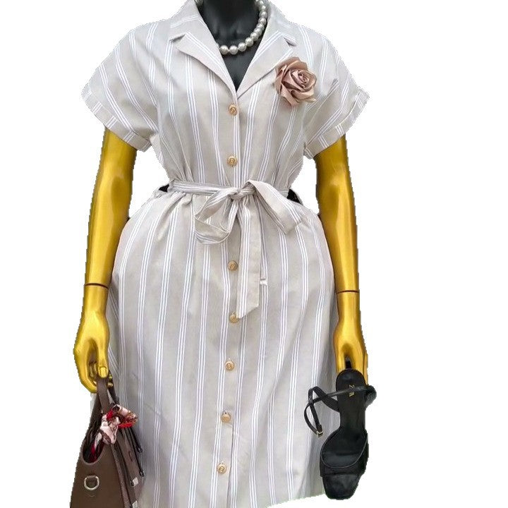 European and american cross-border women's fashion:  summer new arrival - elegant striped turn-down collar short-sleeve tie-waist shirt dress for women