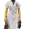 European and american cross-border women's fashion:  summer new arrival - elegant striped turn-down collar short-sleeve tie-waist shirt dress for women