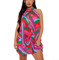 new european and american cross-border women's fashion printed pleated off-shoulder sleeveless back tie-up dress