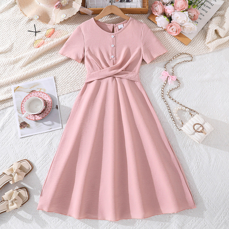 hot-selling girls' clothing,  spring/summer new arrivals: elegant and chic solid color, minimalist short-sleeved, cinched-waist, flared dress