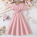 hot-selling girls' clothing,  spring/summer new arrivals: elegant and chic solid color, minimalist short-sleeved, cinched-waist, flared dress