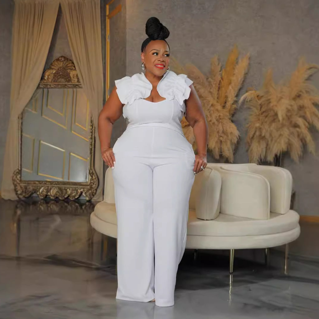 S10889 European and American sexy, large size suspender lace stretch slim wide-leg jumpsuit