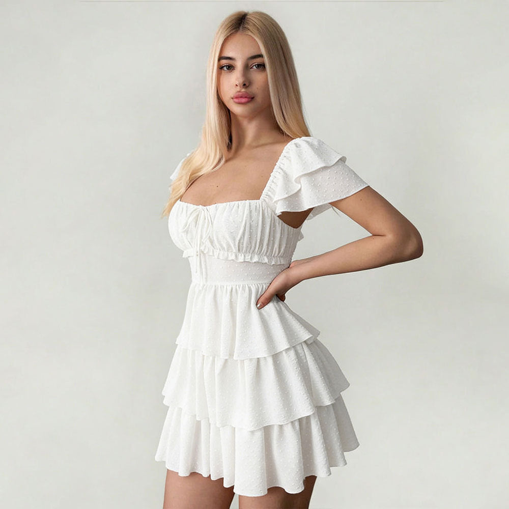 summer new arrival:  cross-border white square neck ruffle backless tie-up slimming sweet style tiered cake dress